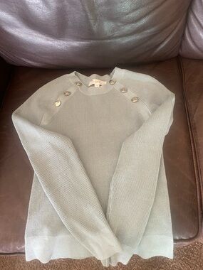 LOFT Light Sage Green Crewneck Sweater with Shoulder Buttons